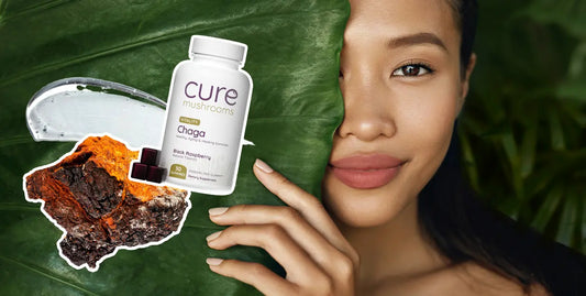 Chaga mushroom gummies and woman with good skin